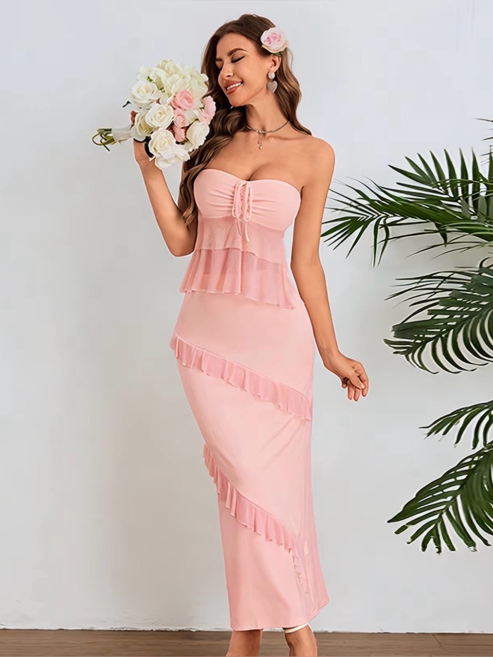 Women's Soft Pink Ruffle Midi Skirt